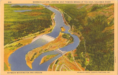 This postcard image shows Bonneville Dam, viewed from the air.