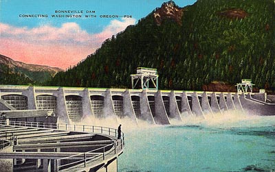 This postcard image of Bonneville Dam, viewed from the Washington side, comes from a postcard dating from circa 1945.