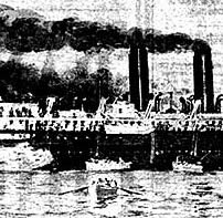 the burning steamer S.S. Congress, taken from the deck of the dredge Colonel P.S. Michie, with lifeboats in the water.