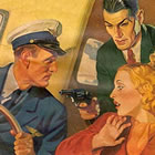 This image appeared on the front cover of the Sept. 12, 1936, issue of Argosy magazine, accompanying a novelette about an early skyjacking titled 'Transpacific Plunder.' The artist's rendering of the skyjacker, with black hair and business suit, is not unlike witnesses' descriptions of D.B. Cooper - although Cooper did not use a gun.