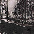 The first Shevlin-Hixon railroad-carried logging camp as it appeared in 1916. Note the bunkhouses are basically boxcars with a door and a window. (Image: Ronald L. Gregory)