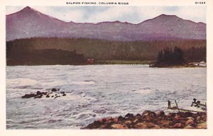 Postcard, circa 1930, Indians fishing for salmon at Cascades in Columbia River