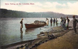 A postcard image, circa 1925, of men working a purse seiner on the Columbia.