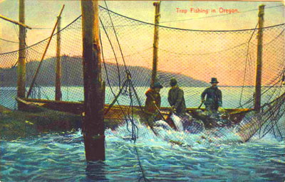 A postcard image, circa 1925, of men working a purse seiner on the Columbia.