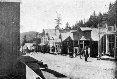 Downtown Bourne, Oregon, during the boom years of hard-rock gold mining and hard-core sucker swindling