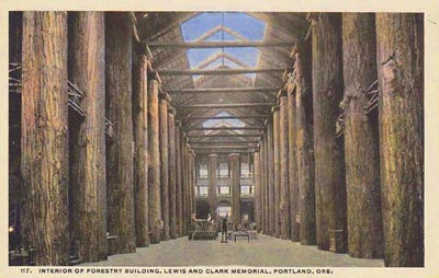 Interior, Forestry Building, Portland, Oregon. Built 1905, burned 1964. World's largest log cabin when built and for years afterward.