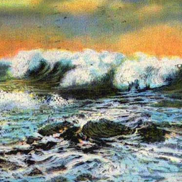 A postcard image of heavy surf after a storm, on an unknown but rocky shore.